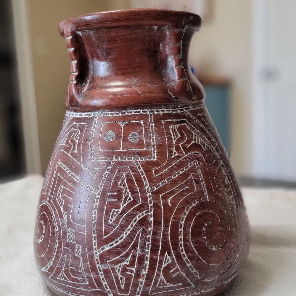 Artisan Brown Ceramic Vase with Incised Geometric Motifs